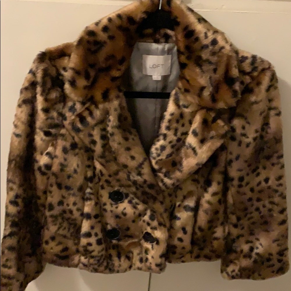 LOFT Leopard Print Faux Fur Coat double breasted